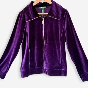 Ralph Lauren Purple Stretch Velvet Velour Track Jacket Pockets Large NWT